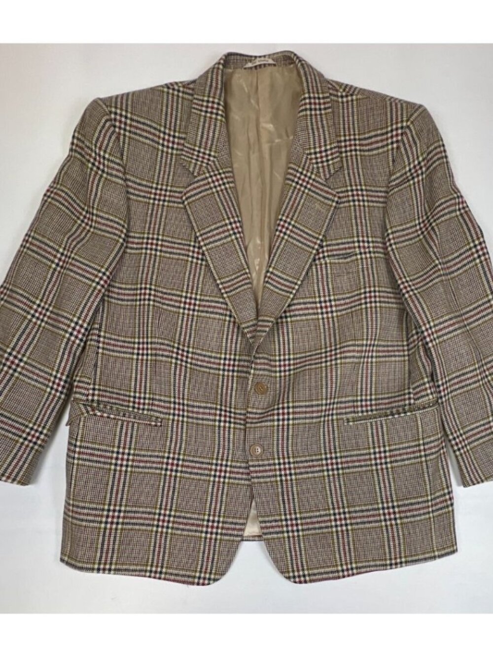 Vintage San Remo Men 56 Cashmere Wool Blazer Plaid Brown Red Sport Coat